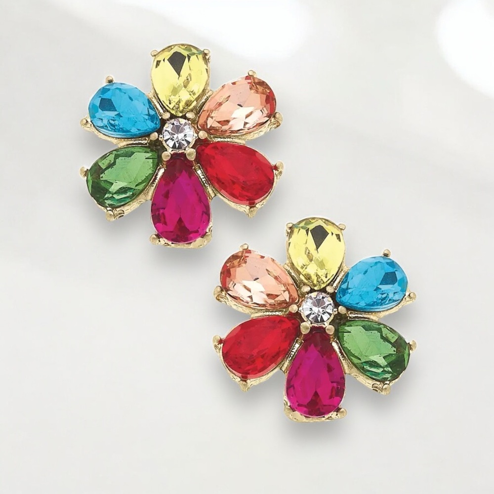 Tuckernuck Rainbow Crystal Flower Stud Earrings Multicolor NWOT Never Worn